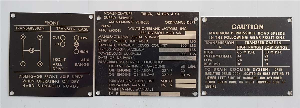 JEU DE 3 PLAQUES DE NOMENCLATURE JEEP WILLYS MB FABRICATION WOF